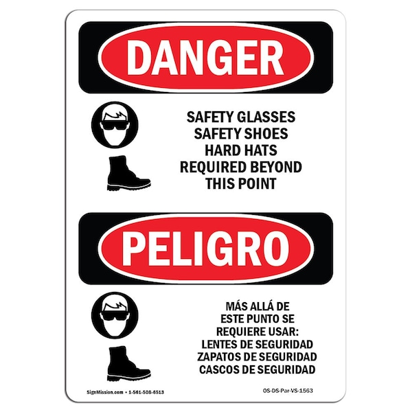 OSHA Sign, Glasses Shoes Hard Bilingual, 18in X 12in Rigid Plastic, 12" W, 18" H, Spanish
